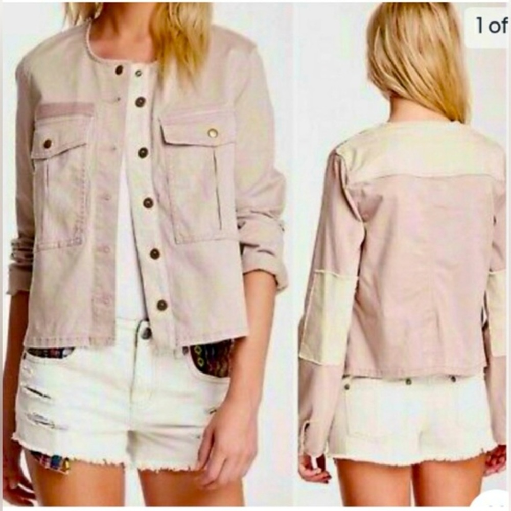 Free People Lou Distressed Cropped Military Jacket Elbow Patch Blush Cream Sz XS